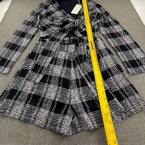 NEW! Lucy Paris Tie-Front Romper Plaid Long sleeve Large Navy & White‎ Lined - Picture 6 of 15